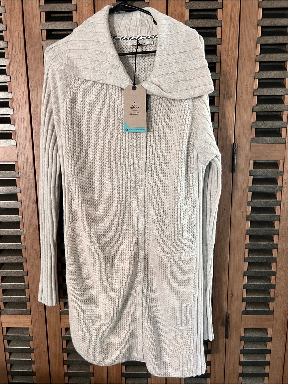 Prana Cream Open-Front Longline Knit Cardigan with Shawl Collar
